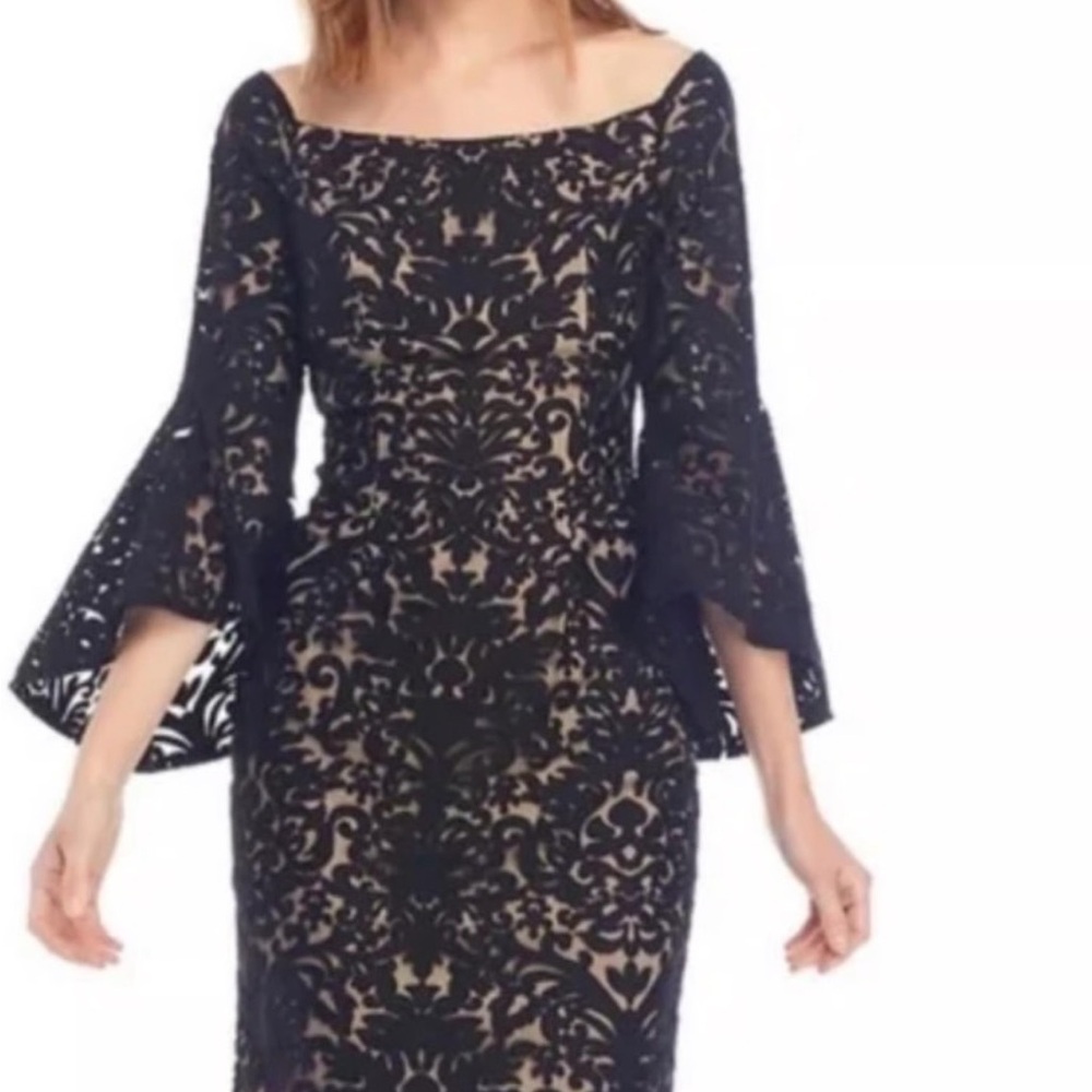 Xscape Black and Cream Long Sleeve Lace Dress